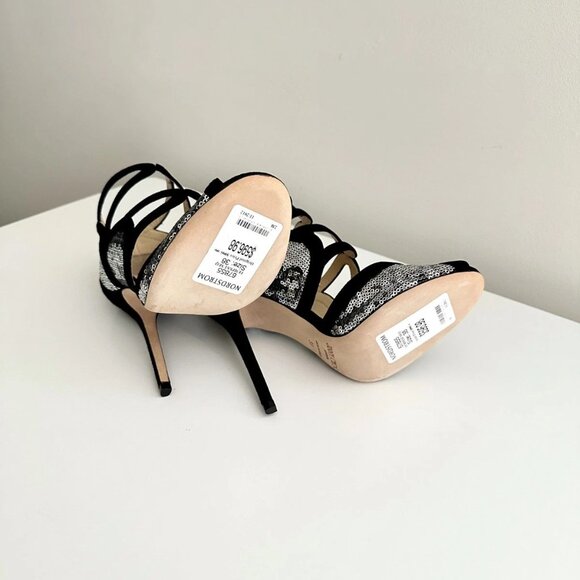 NEW JIMMY CHOO Tempest Black Suede Silver Sequin Cutout Heels Sandals Size 38 - Picture 10 of 11